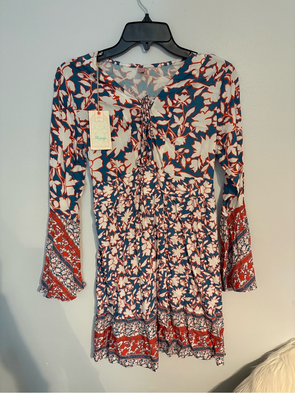 Maaji Floral Tie-Front Long Sleeve Mini Dress - Blue & Red